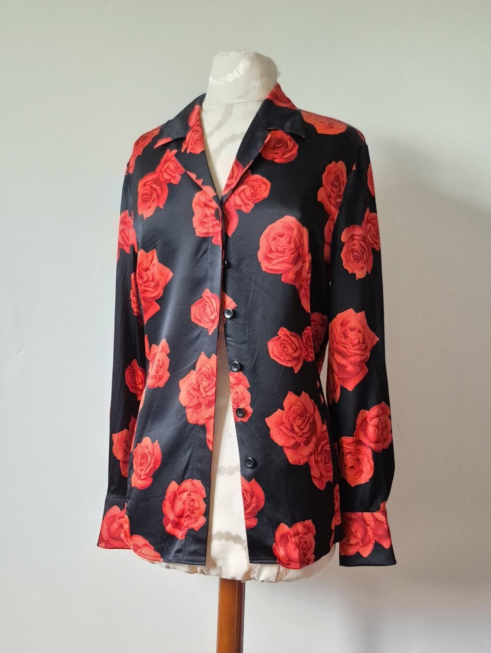 Vintage Laurel by Escada Silk Rose Blouse Medium Black Red Button Up 90s Germany